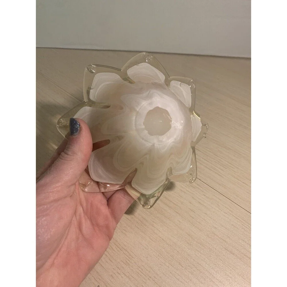 Murano Art Glass Star Flower Votive Dish white and Iridescent Orange has Sticker
